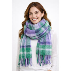 Women’s Large Chunky Color Block Tassel Scarf – Plaid–Purple, Green & White–NWOT